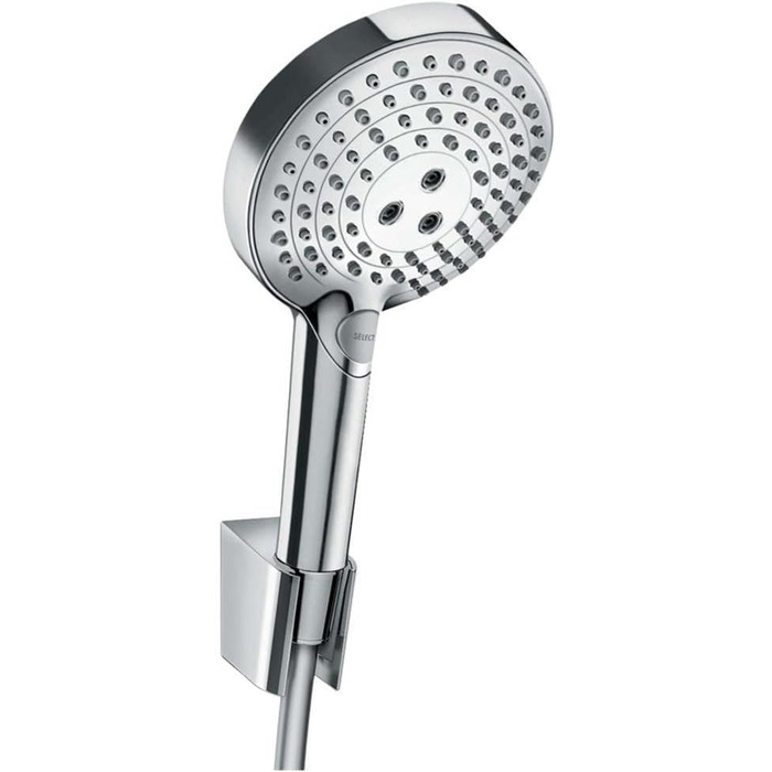 Hansgrohe Raindance Select S 120 Showerhead incl. Showerhead Holder, White/Chrome (3 Spray Patterns incl. PowderRain, Set with Shower Hose 1.25m, Chrome)
