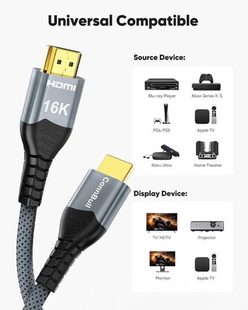 HDMI 2.2 кабель 2м: 16K, 8K, 4K, eARC, HDCP 2.3, HDR10, DTS:X, сумісний з PS5, Xbox, Fire TV