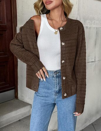Жакет Zeagoo з довгими рукавами, кардиган з круглим вирізом, в'язаний жакет на ґудзиках, відкритий спереду, в'язаний светр, елегантний жакет Zeagoo для жінок (XXL, A-коричневий)