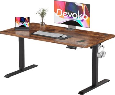Devoko Adjustable Height Electric Desk - 120x60cm - Vintage Brown - Sit-Stand Desk with Memory Function & Collision Detection