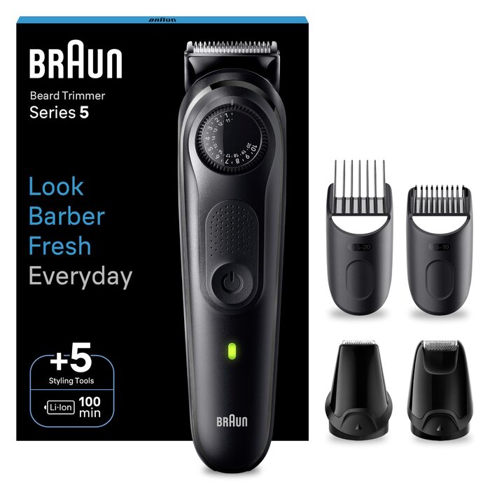 Триммер для бороди Braun Series 5 BT5525: професійний акумуляторний триммер з насадками, 40 налаштувань, водонепроникний, сірий