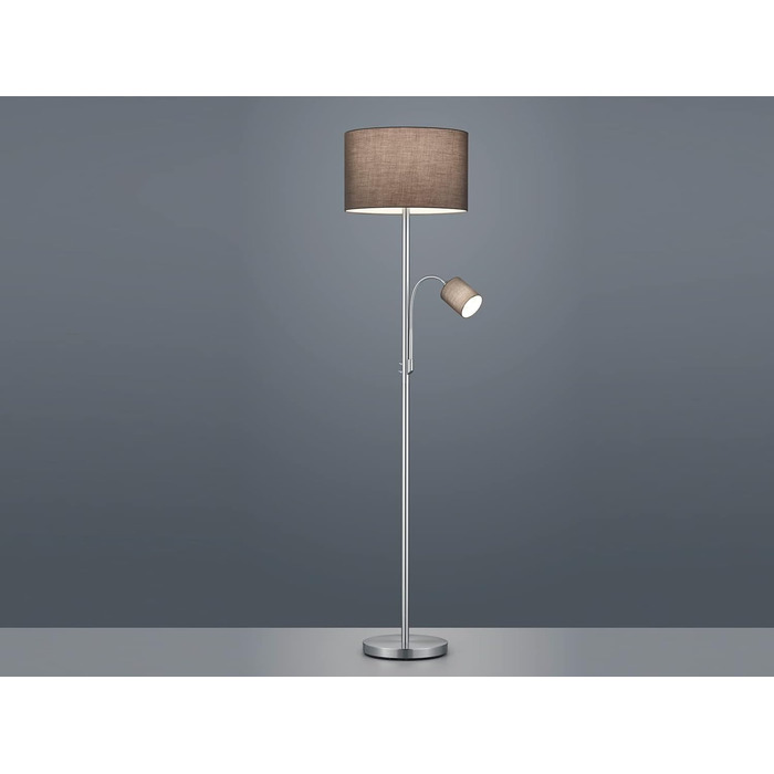 Стельова лампа Trio Leuchten Hotel 403900211, металевий нікель матовий, сірий тканинний абажур, комплектація: 1x E27 + 1x E14, 60 Вт