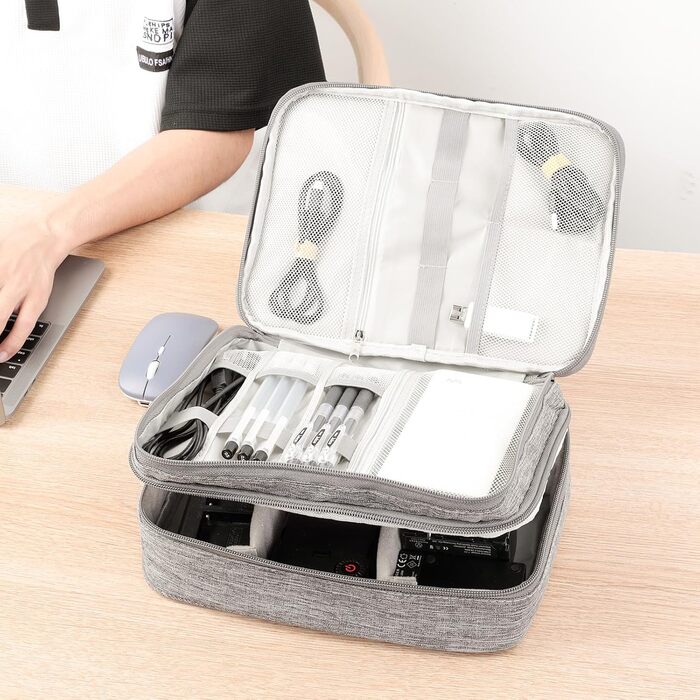 Органайзер для кабелів AiQInu: універсальна дорожня сумка-кубик, 3 шари, водонепроникний, для кабелів, power bank, USB, SD карт (сірий)