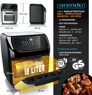 Arendo 4-в-1 аерофритюрниця 12 л, гриль, дегідратор, духовка, LED-екран, без олії, для піци, курки, картоплі, BPA-free