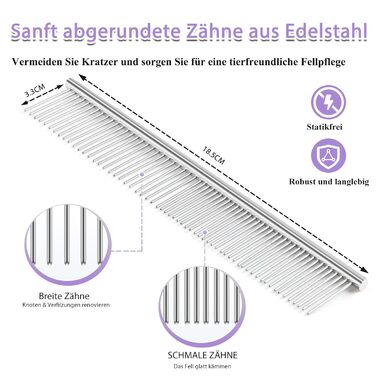 Набір щітки та гребінця для собак та котів з довгим хутром – зі сталевими шпильками 25 мм проти підшерстка та ковтунів – дерев'яна ручка та шкіряний футляр – ідеально для Golden Retriever та Maine Coon – фіолетовий