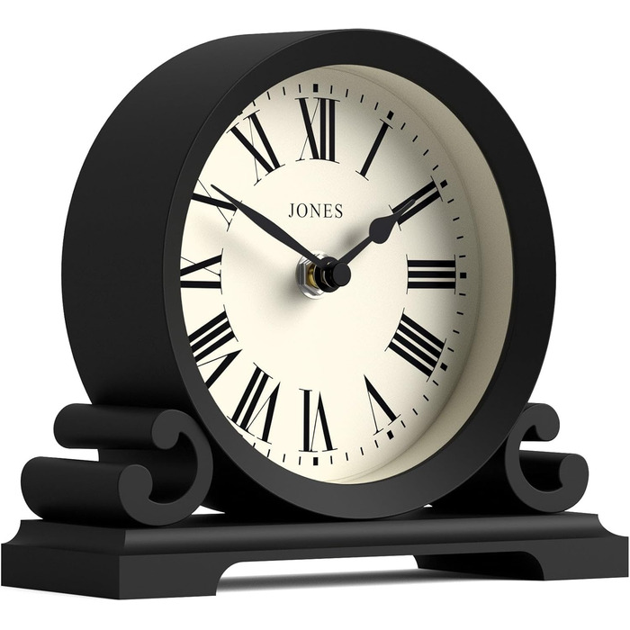 JONES CLOCKS® Saloon Table Clock | Traditional Double-Scroll Design | Black | Roman Numerals | Classic Style for Desk, Table, Shelf, or Nightstand.