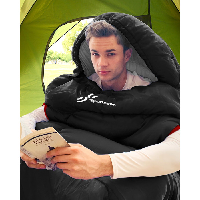 Сплячий мішок Sportneer Outdoor - ковдровий спальний мішок 3-4 сезони для дорослих, теплий, для кемпінгу, подорожей та активного відпочинку, 220x85 см, чорний