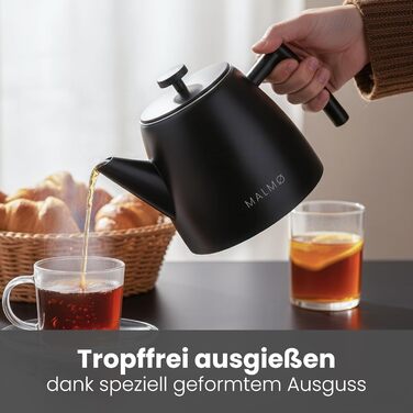 Чайник MALMØ з ситечком - термочайник з подвійними стінками, з нержавіючої сталі 304 - чайник з ситом, 100% без протікань, чорний