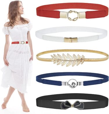 Жіночі тонкі ремінні EAONE 5 шт. у наборі, еластичні пояси для суконь, великі розміри, кольори: золото, чорний, білий, червоний, темно-синій