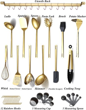 Kyraton Gold Kitchen Utensil Set, 37-Piece Stainless Steel Kitchen Helper Set with Titanium Plating, Kitchen Tool Set with Utensil Holder, Cooking Spoon Set Dishwasher Safe