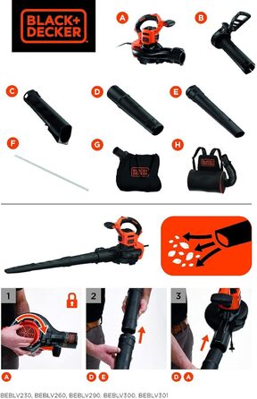 BLACK+DECKER 3-в-1 акумуляторний садовий пилосос-видувка 3000 Вт з подрібнювачем, рюкзаком-мішком 72 л, регульованою потужністю, для терас і доріжок (BEBLV300)