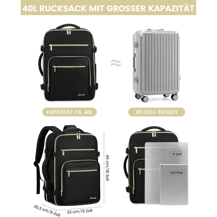 Рюкзак LOVEVOOK для ручної поклажі літака, жіночий, 40L, 45x36x20 см, для ноутбука 17 дюймів, бежевий