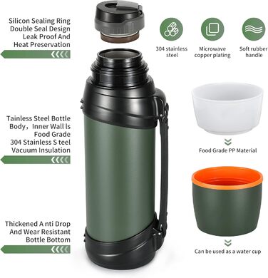 Термосфляка з нержавіючої сталі 2.5L, вакуумна ізольована пляшка з кришкою-чашкою, термотермос, зберігає тепло 24 год, холод 24 год, без BPA (Зелений)
