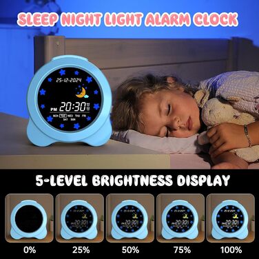 SENXINGYAN Kids Alarm Clock, Alarm Clock for Children with Sun & Moon LED Display, Day & Date Display, Sleep Trainer for Kids with Night Light & Sleep Sounds, Cute Alarm Clock for Kids Room