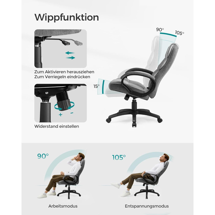Крісло офісне SONGMICS для офісу, крісло для шефа, комп'ютерне крісло, регулювання висоти сидіння, оббивка, сірий (53 x 51 x 112-122 см)