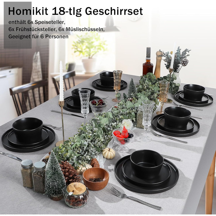 Набір посуду Homikit на 6 осіб: тарілки, миски, десертні тарілки, реактивна глазур, чорний колір, 18 шт.