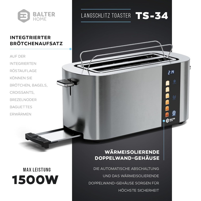 Тостер Balter 4-х секційний з сенсорним керуванням, нержавіюча сталь, підігрівач для бургерів, LCD дисплей, функція підігріву та центрування тостів