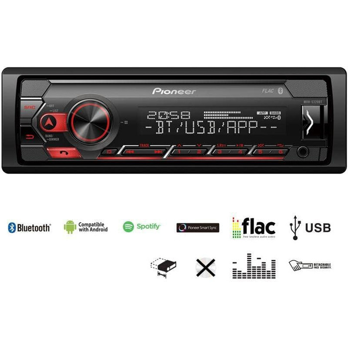 Автомагнітола Pioneer MVH-S320BT 1DIN з Bluetooth, USB, AUX, RDS, німецьке меню, чорна/червона, напівглибока установка, Smart Sync, гучний зв'язок