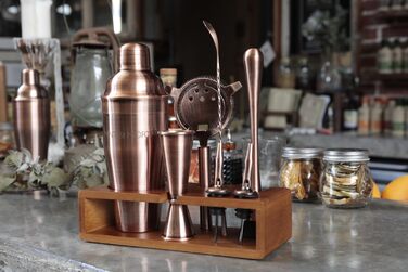 Набір для коктейлів Mint&Mortar 7 предметів з бамбуковим підставкою, з нержавіючої сталі, міксологія, барменський набір з барними інструментами для дому та професійного використання, ідеальний для Мартіні/Маргарити, 680 мл, міксер (Чорний) (Шліфоване мідь