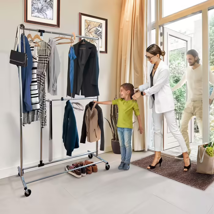 Tatkraft Drago Clothes Rack - Stable, with 2 Clothes Rails, up to 110 kg, Coat Rack, Adjustable, Clothes Rack on Wheels, Metal, (Silver)
