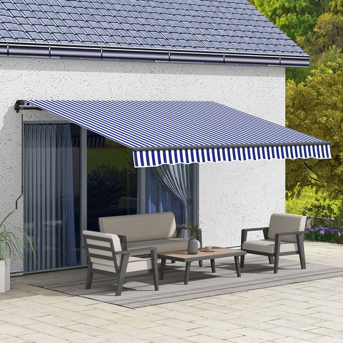 Markiza Outsunny з шарнірною рукояткою, розміром 350 x 300 см, сонцезахисна з SPF 30+, терасна/балкона маркіза з кутом нахилу 45-85°, водонепроникне покриття, кріплення до стіни, блакитно-біла | Aosom