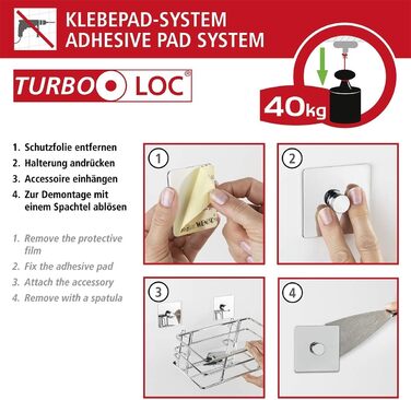 Кутова полиця для душу WENKO Turbo-Loc Quadro з нержавіючої сталі, монтаж без свердління, 27,5x10x19,3 см, хромована