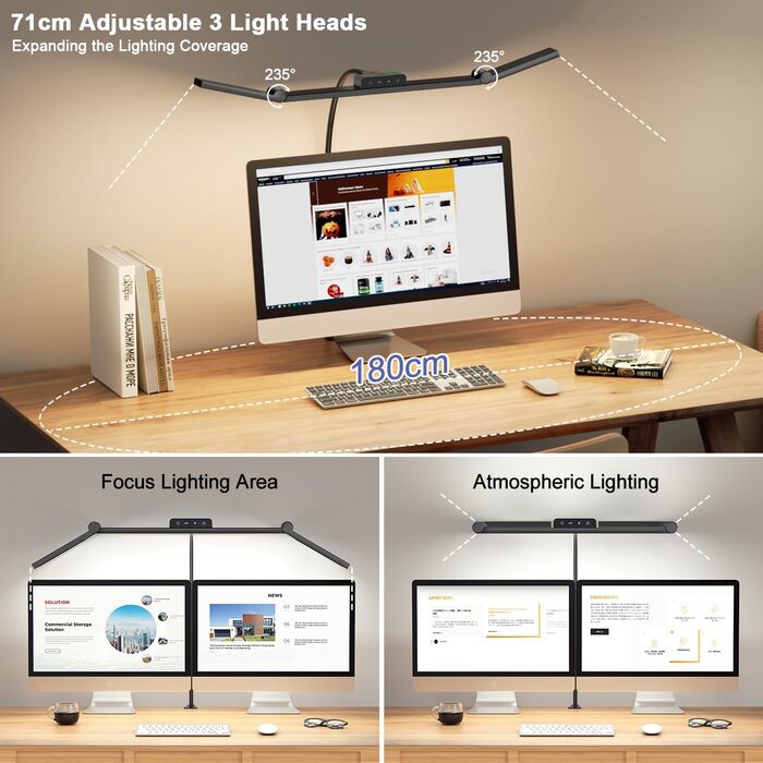 LED лампа для столу EppieBasic з кріпленням, 24W, 3 наголовки, регулювання яскравості, 1200LM, захист очей, 4 колірні температури, таймер 30хв, для офісу та дому, чорний колір