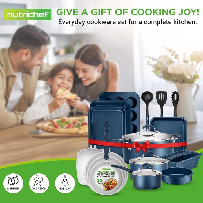 NutriChef 20-Piece Non-Stick Cookware Set, Pots & Pans Set & Baking Pans | PFOA/PFOS-Free | Cookware Set - Induction Pots & Pans, Round Cake Pan, Loaf Pan, Roasting Pan, Muffin Tin, Baking Sheet Marine Blue