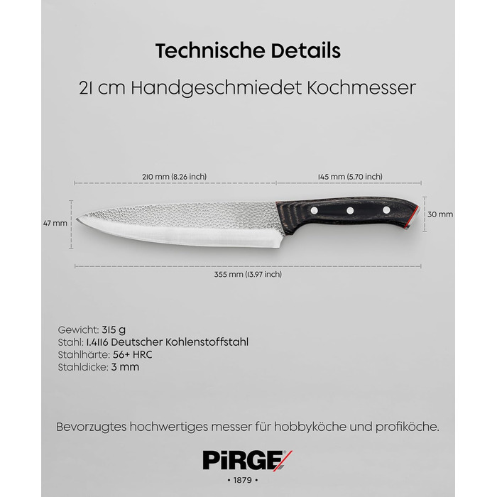 Ніж кухарський Pirge 21 см з нержавіючої сталі DIN 1.4116, Full Tang, ручка з композитного дерева, 56 HRC