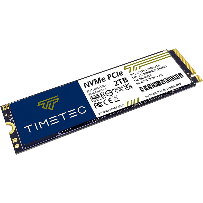 SSD Timetec 2TB NVMe PCIe Gen3x4 з DRAM Cache – Внутрішній SSD для ПК, 3.400/3.000 MB/s