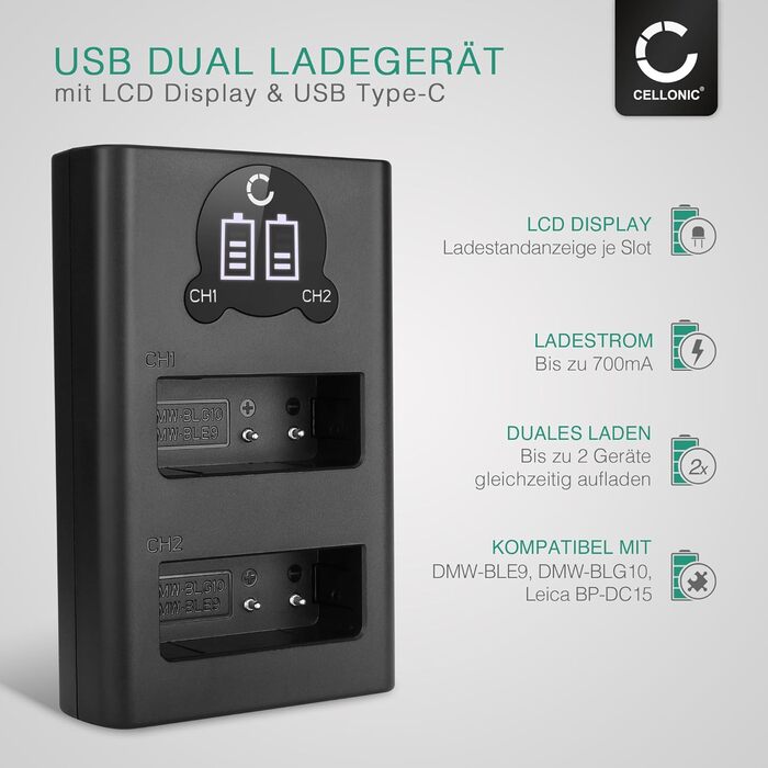 Зарядний пристрій CELLONIC BC-DC15 Dual USB для Leica D-LUX (Typ 109, 7) BP-DC15 з кабелем