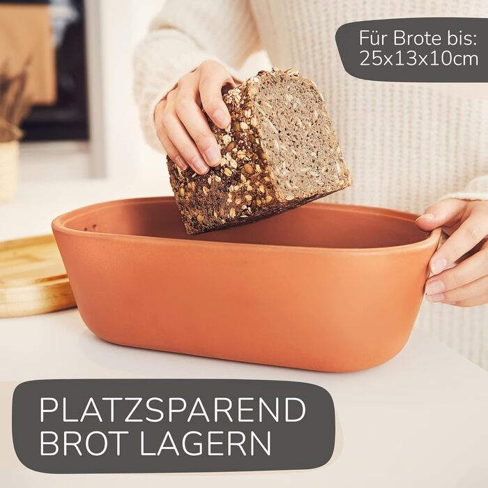 Bread Box - Bread Container made of breathable clay – Ceramic bread box with elegant bamboo lid – Bread pot for space-saving storage