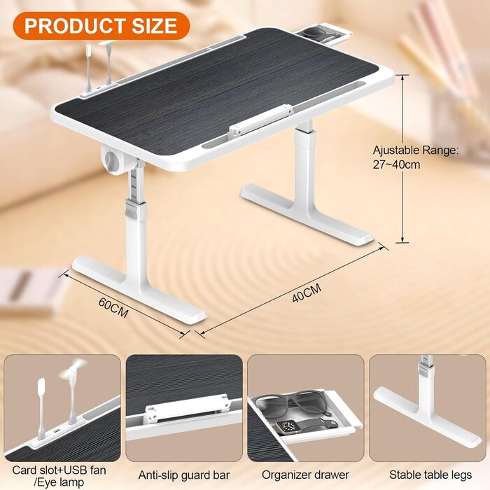 Стіл для ноутбука в ліжко Huracan: регульований, з USB, підсклянником та ящиком (60x40 см, чорний)