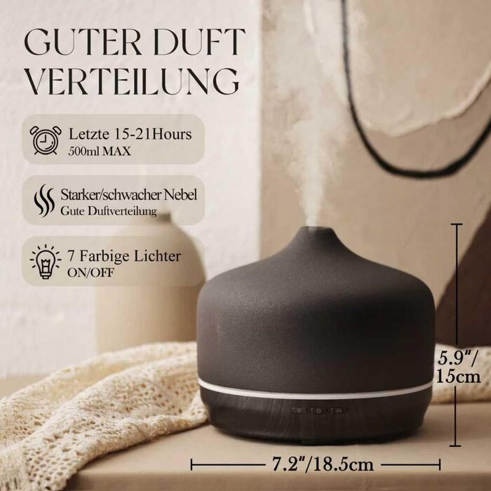 Аромадифузор Porseme 500 мл, скляний, ультразвуковий, з LED-підсвіткою, для ефірних олій, тихий, Rosegold (F22-500ml Black Ceramic Giant)