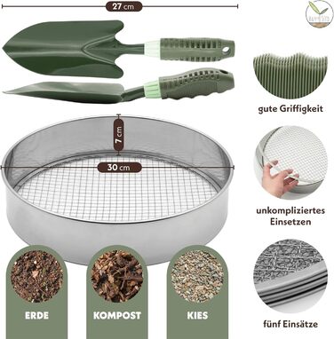 Сіто для дощування HappySeed діаметром 30 см з 5 змінними сітками - сіто для компосту з нержавіючої сталі для ґрунту, компосту, посівного матеріалу - з садовим совок
