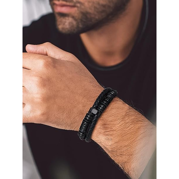 Чоловічий шкіряний браслет Bandmax з плетінням, з магнітною застібкою. Браслет на зап'ястя, чорний, 19/21/23 см