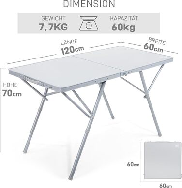 Складаний столик для кемпінгу EVER ADVANCED 120x60 см, XL для 4-6 осіб, до 60 кг, стабільна конструкція, для кемпінгу, пікніка, саду, балкону (білий)