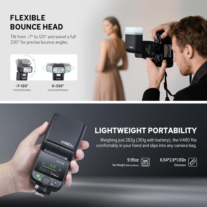 Спалах для камери Godox V480C з TTL, сенсорним екраном та регульованою головкою, GN50, HSS 1/8000s, 650 спахів, час перезарядки 1.7 сек (для Fujifilm та Canon)