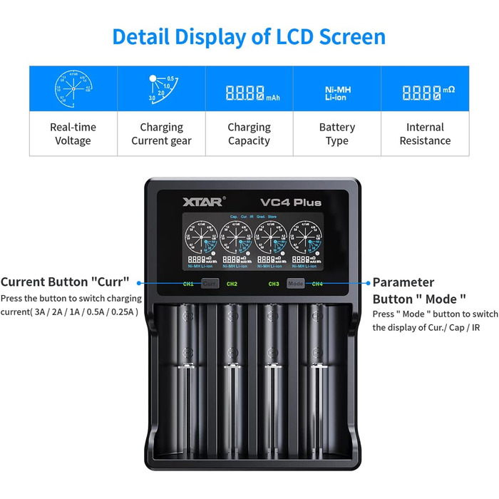 Зарядний пристрій XTAR VC4 Plus для Li-ion акумуляторів 18650/18700/26650/32650 та Ni-MH/Ni-Cd AAA/AA (4 слоти, 3A)