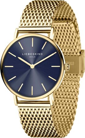 Годинник Liebeskind Berlin для жінок – круглий кварцовий годинник 34 мм – сітчасте браслет – водонепроникність 5ATM – сучасний та елегантний (Золотий / Синій)