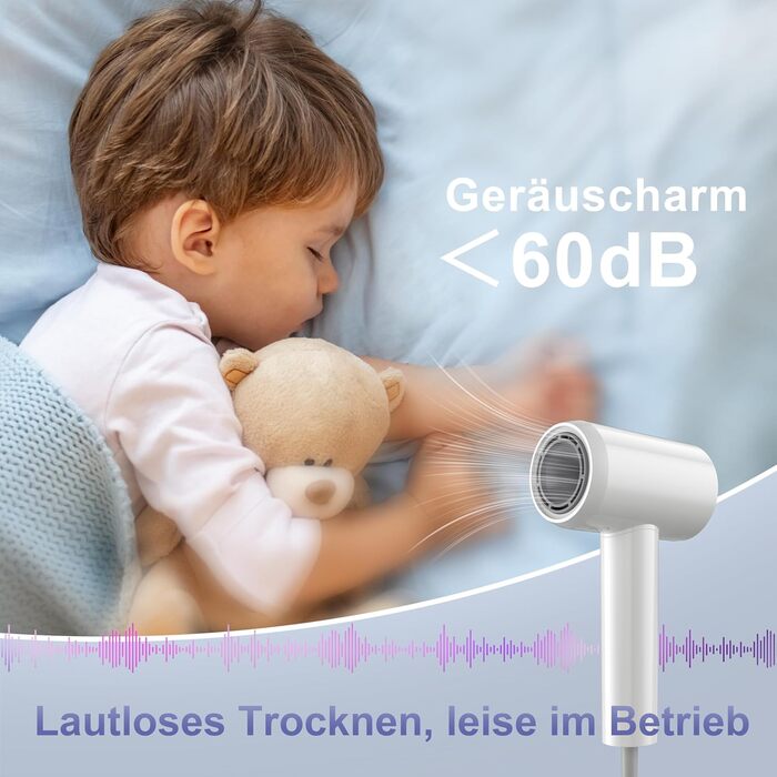 Фен YAPOY з іонізацією 200 млн іонів, 110 000 об/хв, швидке сушіння, менше завивань, інтелектуальне регулювання температури, тихий, легкий, для дорослих/дітей/домашнього використання/готелю/кемпінгу, білий