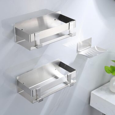 Поличка для душу YIGII без свердління, 3 шт. з нержавіючої сталі, органайзер для ванної кімнати, велика місткість, самоклеюча, з мильницею та 4 гачками, тримач для шампуню, сріблястий – 2 шт.