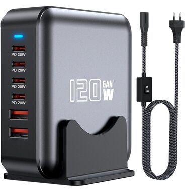Швидкий зарядний пристрій USB-C GaN Hub 120W, 6 портів для iPad, iPhone 17/16/15/14/13/12 Pro Max, Samsung Galaxy S23 - Сірий