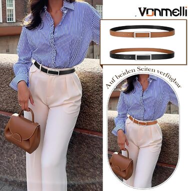 Жіночий ремінь VONMELLI вузький шкіряний, з золотою пряжкою, чорний/коричневий (срібна пряжка), 120 см (93-103 см талія)