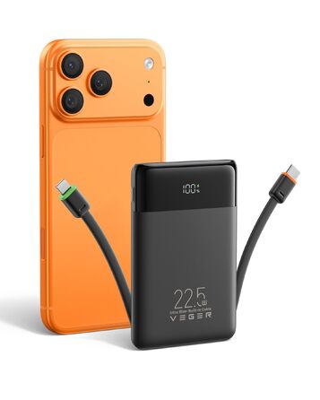 Повербанк VEGER 10000mAh 22.5W з вбудованим кабелем USB-C, швидка зарядка, чорний