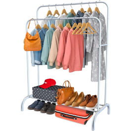 Підставка для одягу PORTENTUM: сталева, до 35 кг, з подвійною перекладиною та полицею для взуття, протиковзкі ніжки, захисні кінчики, швидкий монтаж, білий (без вішалок)