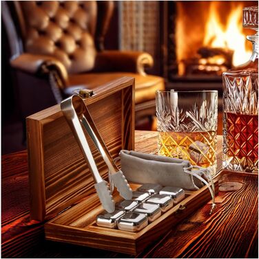 Камені для віскі Com-Four® з нержавіючої сталі - подарунчий набір (12 шт) з мішком та коробкою. Багаторазові камені для віскі, джину, тоніку та коньяку.