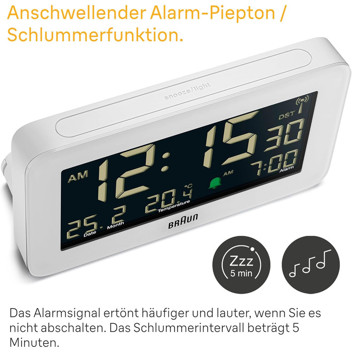 Braun Funk-Digitalwecker for the Central European Time Zone (DCF) with date, month, and temperature display, negative LCD display, and white alarm tone, Model BC10W-DCF.