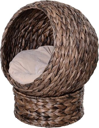 PawHut Rattan Cat Basket Cat Cave Cat House Cat Bed with Cushion Pet Bed Water Hyacinth 42 x 33 x 52 cm (50L x 42W x 60H cm, Coffee)