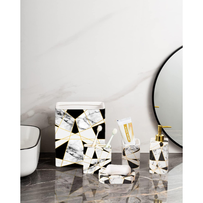 Золотий 4-кільний набір аксесуарів для ванної кімнати з кераміки: дозатор мила, тримач для зубних щіток, стаканчик для води та мильниця. Стильний декор для раковини або елегантний подарунок на новосілля